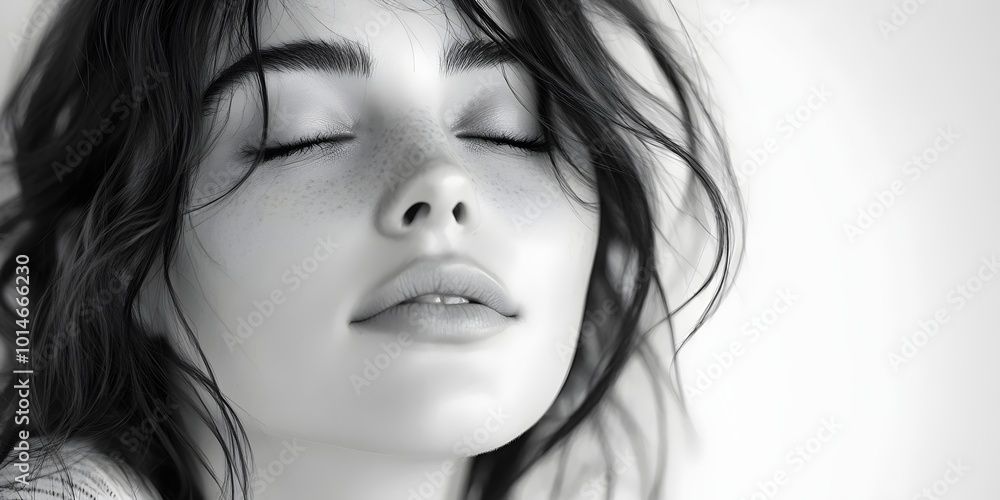Naklejka premium A close-up black and white portrait of a young woman with her eyes closed, her hair falling around her face.