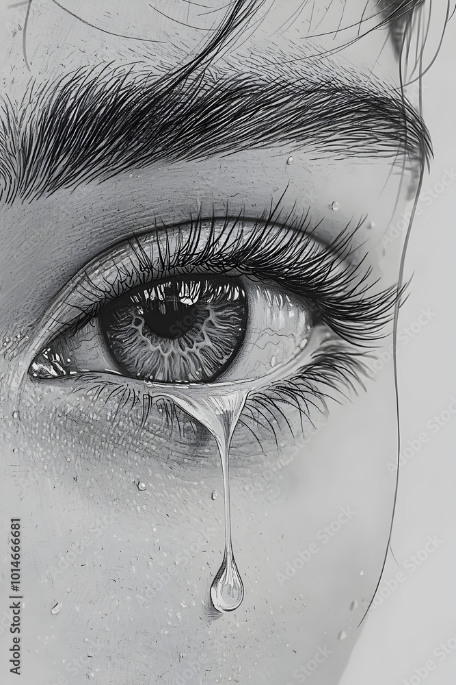 Fototapeta premium A close-up drawing of a woman's eye with a single tear rolling down her cheek.