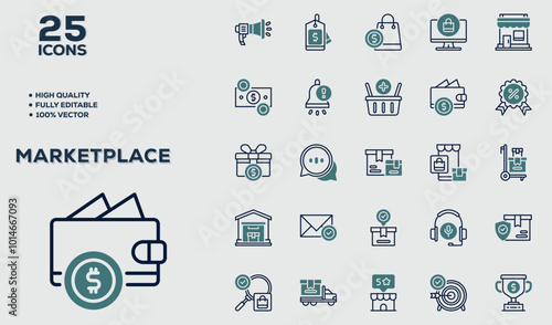 Set of 50 outline icons related to Market Palce. Linear icon collection. Editable stroke. Vector illustration