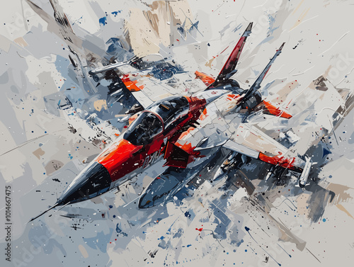 A fighter jet is painted in a very detailed and realistic manner. The painting captures the essence of the jet's speed and power, as well as the excitement