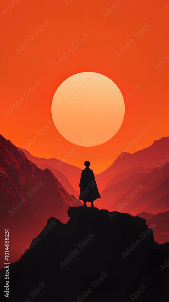 A silhouette of an anime character standing in front of the sun, set against mountains, rendered with simple lines and flat colors in dark red hues A silhouette of an anime character standing in front of the sun, set against mountains, rendered with simple lines and flat colors in dark red hues
