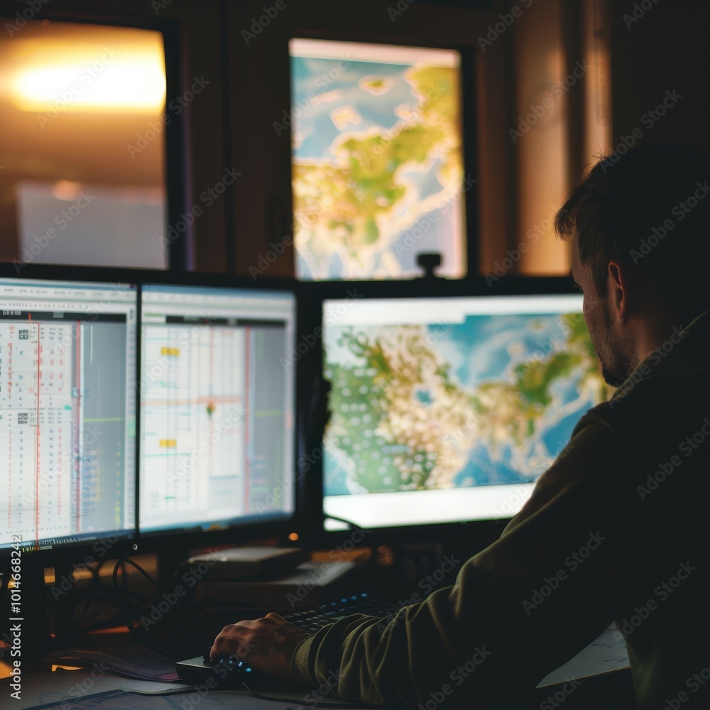 Person working in a dimly lit room surrounded by screens displaying maps and data, indicating a focused environment of analysis and strategic planning. Person working in a dimly lit room surrounded by screens displaying maps and data, indicating a focused environment of analysis and strategic planning.
