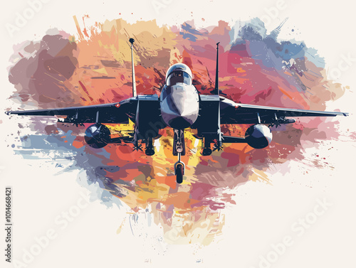 A fighter jet is painted in a very detailed and realistic manner. Concept of power and strength, as the jet is the main focus of the painting. The use of bold colors