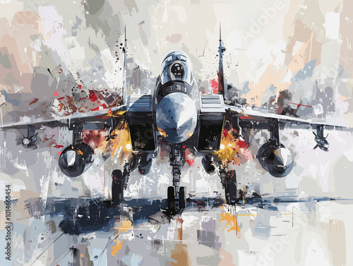 A colorful jet is flying through the sky. The colors are bright and vibrant, giving the image a sense of energy and excitement. The jet is the main focus of the painting, with its wings