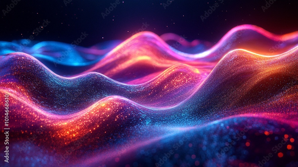 Fototapeta premium Futuristic 3D rendering of dark waves, highlighted by iridescent neon curves and glowing edges, creating a captivating visual effect.
