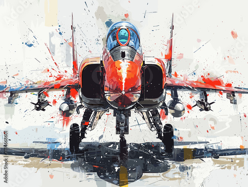 A colorful jet is flying through the sky. The colors are bright and vibrant, giving the image a sense of energy and excitement. The jet is the main focus of the painting, with its wings