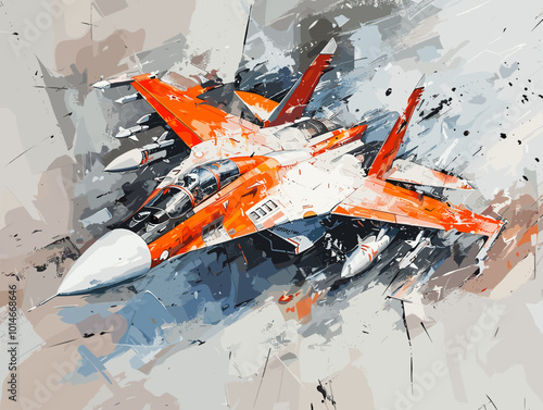 A colorful jet is flying through the sky. The colors are bright and vibrant, giving the image a sense of energy and excitement. The jet is the main focus of the painting, with its wings
