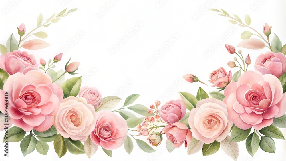 Pink and cream roses with buds and green leaves on a white background. Pink and cream roses with buds and green leaves on a white background.