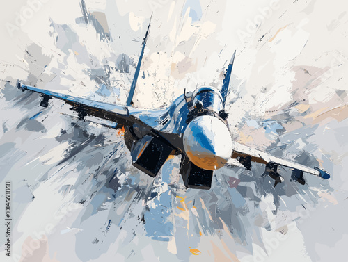 A colorful jet is flying through the sky. The colors are bright and vibrant, giving the image a sense of energy and excitement. The jet is the main focus of the painting, with its wings