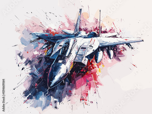 A colorful jet is flying through the sky. The colors are bright and vibrant, giving the image a sense of energy and excitement. The jet is the main focus of the painting, with its wings