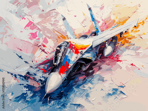 A colorful jet is flying through the sky. The colors are bright and vibrant, giving the image a sense of energy and excitement. The jet is the main focus of the painting, with its wings
