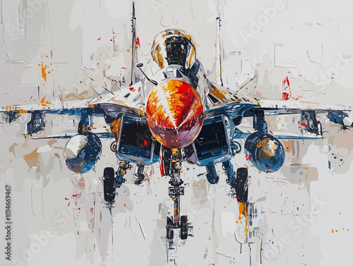 A colorful jet is flying through the sky. The colors are bright and vibrant, giving the image a sense of energy and excitement. The jet is the main focus of the painting, with its wings