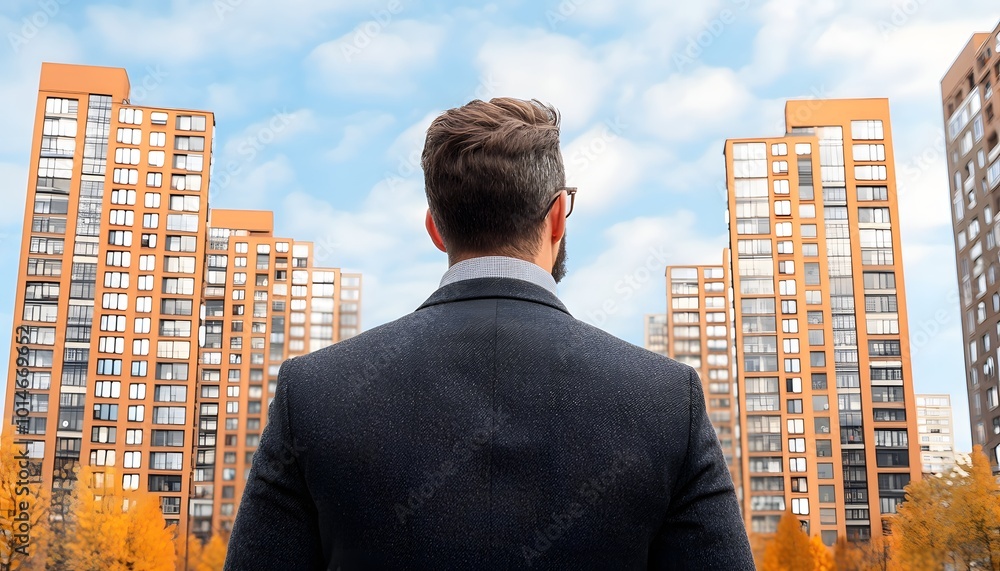 A man stands before modern buildings, gazing at the skyline under a bright, cloudy sky, surrounded by autumn foliage. A man stands before modern buildings, gazing at the skyline under a bright, cloudy sky, surrounded by autumn foliage.