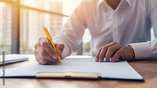 A person writing with a pen on paper, seated at a desk, with a sunlit background suggesting a professional setting.