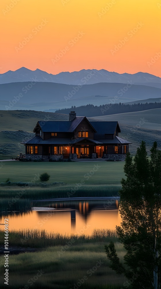 Serene Mountain Retreat at Sunset with Reflective Lake Serene Mountain Retreat at Sunset with Reflective Lake