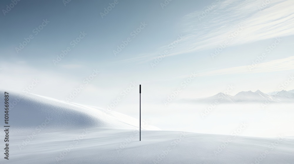 Foggy minimalist ski slope featuring a solitary ski pole, serene atmosphere, tranquil winter landscape, muted colors, soft horizon. Foggy minimalist ski slope featuring a solitary ski pole, serene atmosphere, tranquil winter landscape, muted colors, soft horizon.