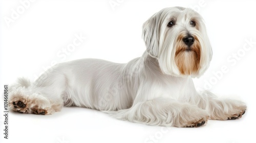 delightful Sealyham Terrier reclines on a crisp white surface, displaying its long body and distinctive bushy eyebrows, radiating a playful yet dignified presence. photo