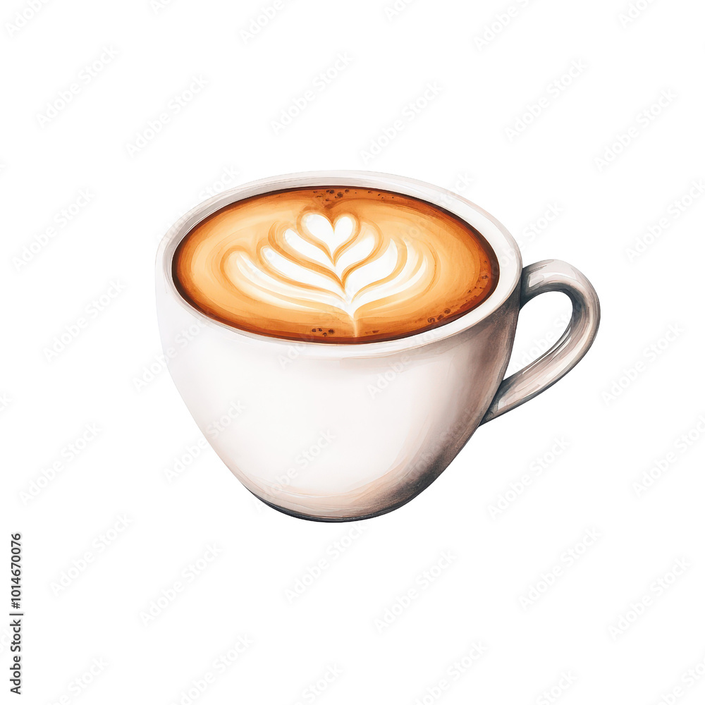 A cup of hot cappuccino with latte art, coffee drink element, realistic 3D illustration A cup of hot cappuccino with latte art, coffee drink element, realistic 3D illustration