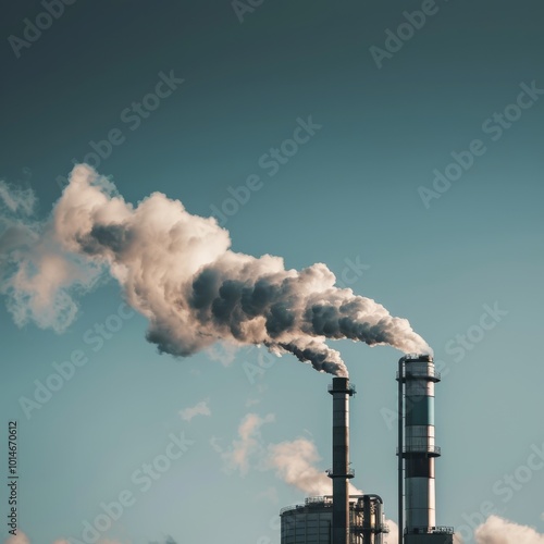 Industrial chimneys release smoke against a clear sky, underscoring themes of production and environmental impact at dawn.