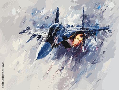 A fighter jet is painted in a very detailed and realistic manner. The painting captures the essence of the jet's speed and power, as well as the excitement