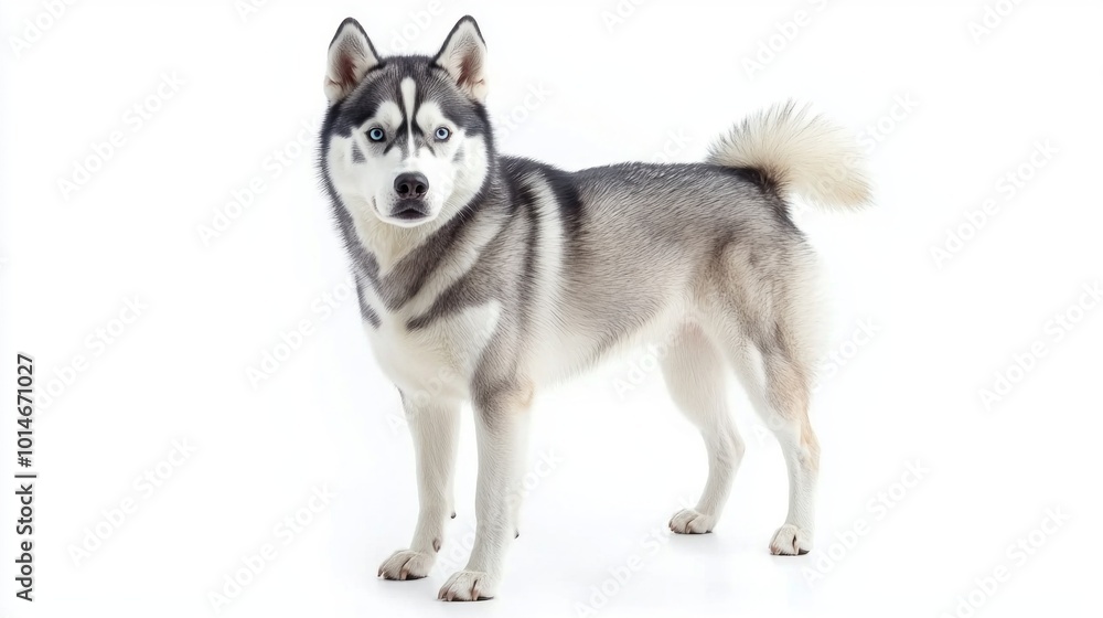stunning Siberian Husky showcases its thick fur and captivating blue eyes while standing proudly on a bright white background, exuding an air of elegance and strength. stunning Siberian Husky showcases its thick fur and captivating blue eyes while standing proudly on a bright white background, exuding an air of elegance and strength.
