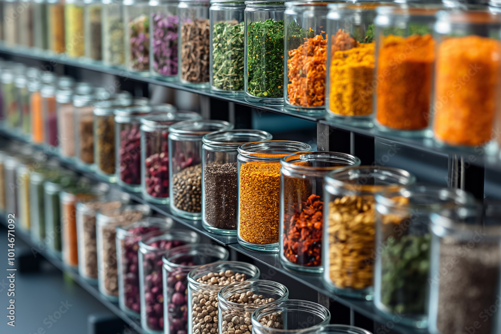 Spices and herbs in various shades are neatly arranged in glass jars on transparent shelves, showcasing an array of textures and colors in a stylish kitchen environment Spices and herbs in various shades are neatly arranged in glass jars on transparent shelves, showcasing an array of textures and colors in a stylish kitchen environment