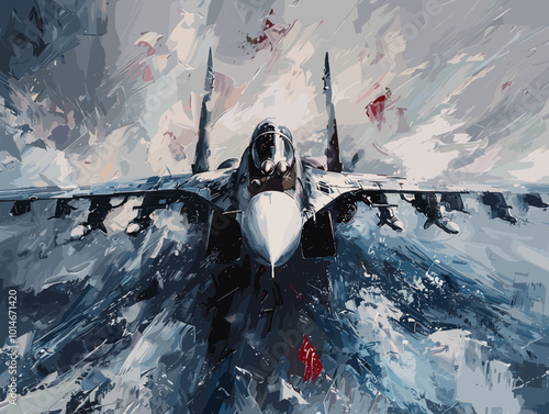 A fighter jet is painted in a very detailed and realistic manner. The painting captures the essence of the jet's speed and power, as well as the excitement