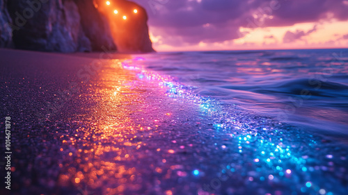 glass beach at neon night, covered with millions of small smooth multi colored rocks that appear as translucent glass photo