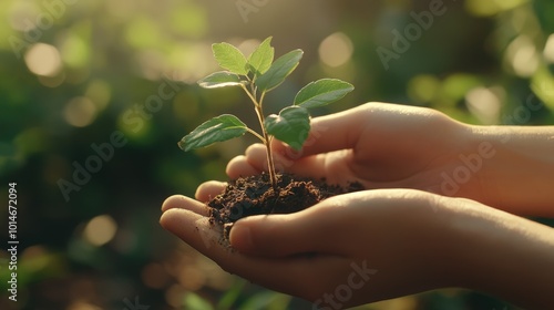 Close up two hands softly cradling a tiny plant with soil on nature bokeh backgroundt ,generative ai photo