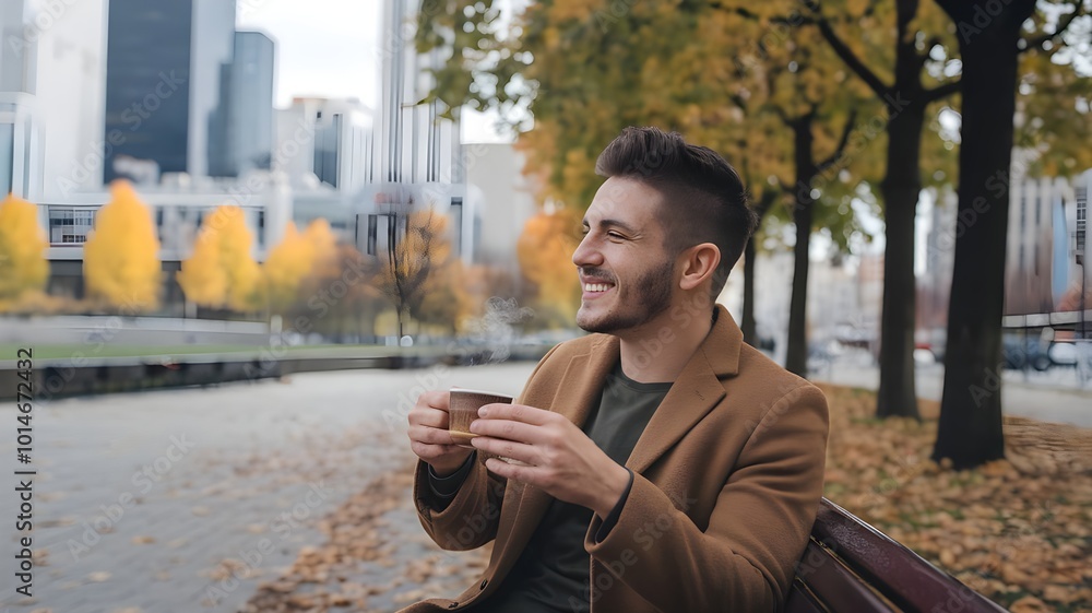 happy man enjoying a drink outdoors in a city during autumn. The ground is covered with leaves. happy man enjoying a drink outdoors in a city during autumn. The ground is covered with leaves.