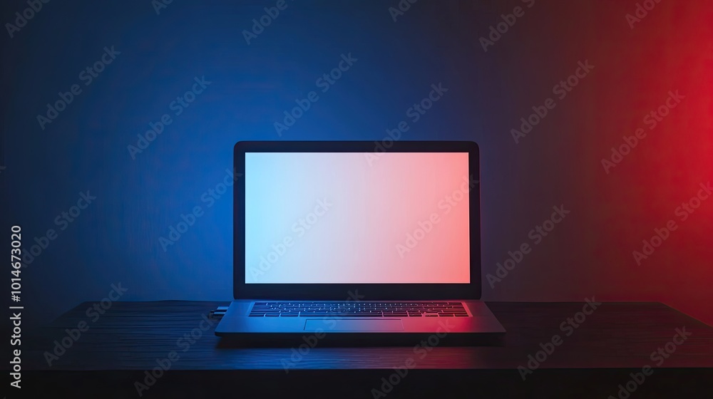 A laptop with a blank screen sits on a wooden table illuminated by blue and red lights. A laptop with a blank screen sits on a wooden table illuminated by blue and red lights.