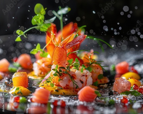 Fusion cuisine with innovative dishes, modern and dynamic, Culinary, Bright hues, Photograph, Culinary creativity photo