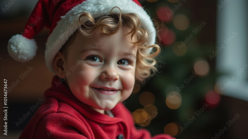 A cute little happy cheerful boy in a Santa Claus hat on the background of Christmas lights. A cute little happy cheerful boy in a Santa Claus hat on the background of Christmas lights.