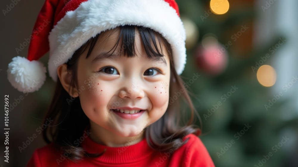 A cute little happy cheerful girl in a Santa Claus hat on the background of Christmas lights. A cute little happy cheerful girl in a Santa Claus hat on the background of Christmas lights.