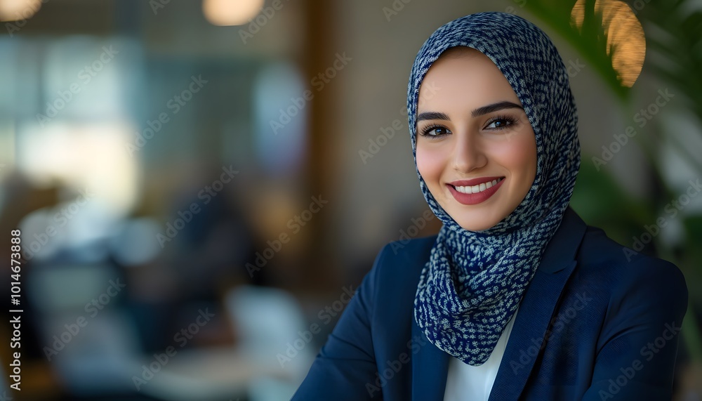 Portrait of a Smiling Woman Wearing a Blue Hijab and Suit Portrait of a Smiling Woman Wearing a Blue Hijab and Suit
