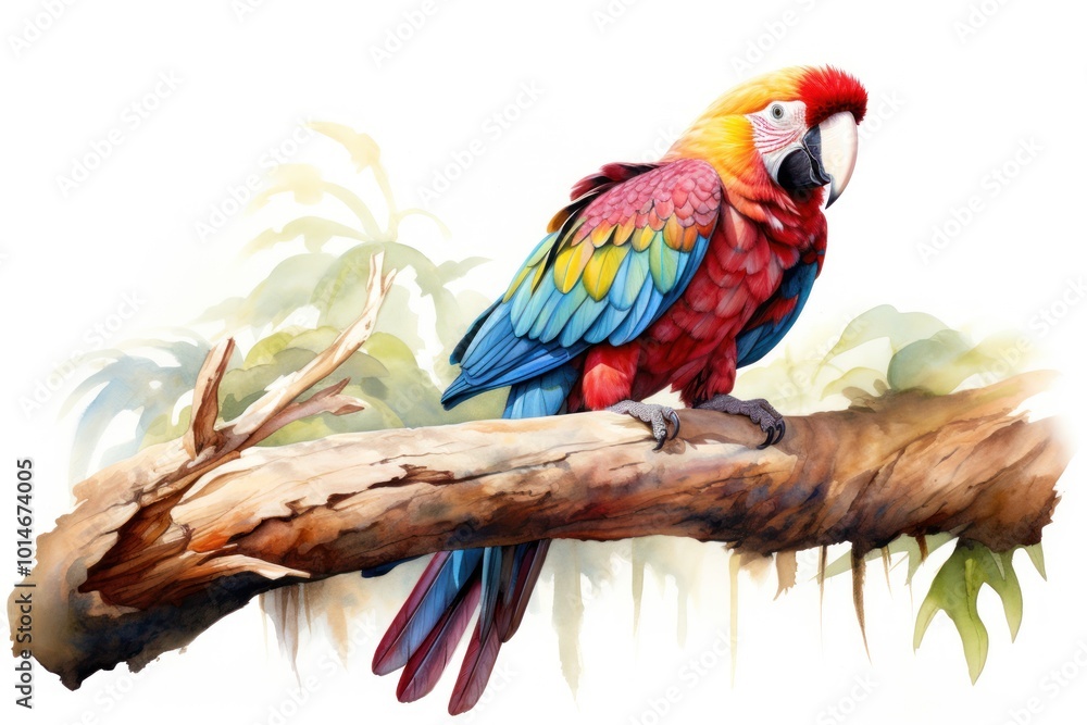 Obraz premium Rose parrot perched on a log wood on a white background Showing brightly colored feathers