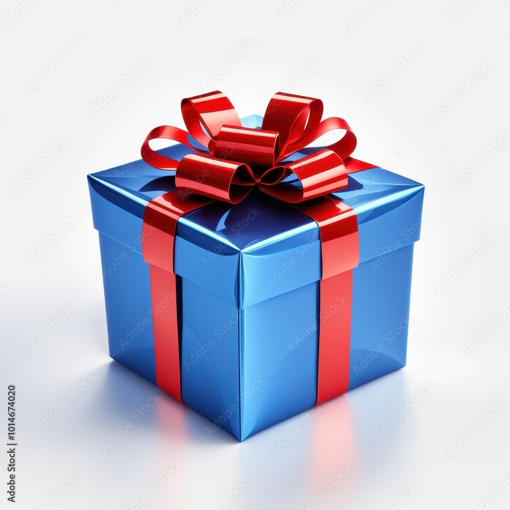 Obraz premium A shiny blue gift box adorned with a red ribbon and bow, symbolizing celebration and giving.