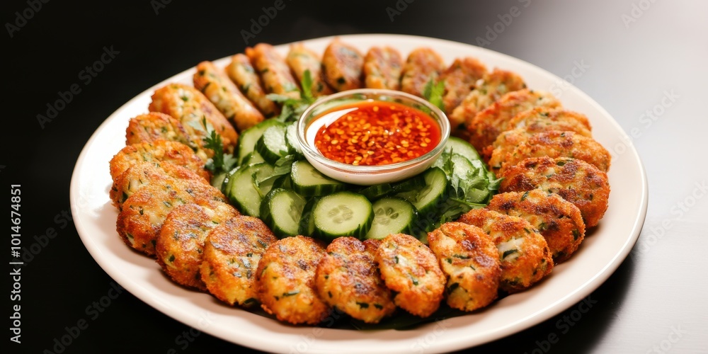 a plate of food with a small bowl of sauce a plate of food with a small bowl of sauce