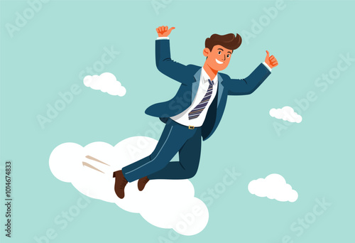 Businessman flying on cloud 
