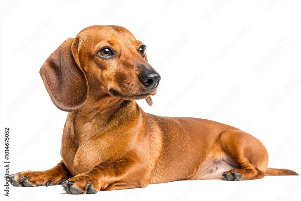 Dachshund sits comfortably, exhibiting its distinctive long body and short legs. Its expressive eyes convey a sense of curiosity and playfulness in a serene setting. Dachshund sits comfortably, exhibiting its distinctive long body and short legs. Its expressive eyes convey a sense of curiosity and playfulness in a serene setting.