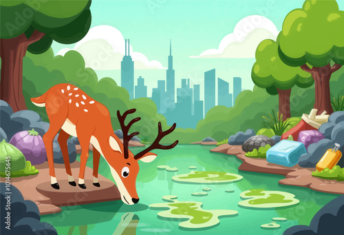 Deer Drinking from Polluted Lake Near City Skyline
