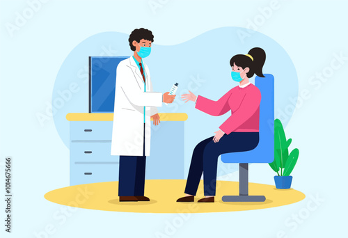 Doctor giving prescription to patient in mask. 
