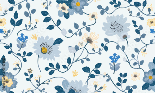 Floral Pattern Blue Yellow White  
