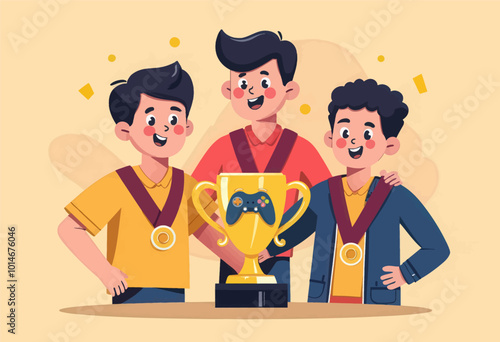 Gamers Holding Trophy and Medals 
