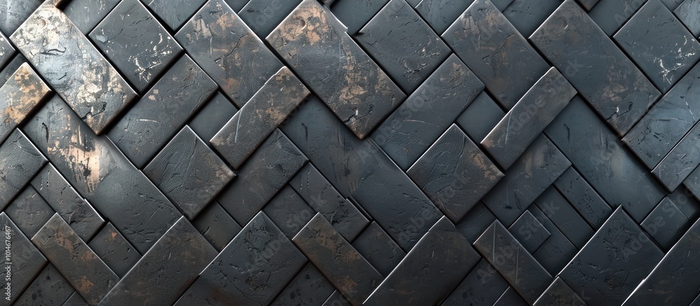 Dramatic monochrome geometric tiled wall with a moody industrial style metallic texture The abstract pattern and dark weathered surface creates a premium Dramatic monochrome geometric tiled wall with a moody industrial style metallic texture The abstract pattern and dark weathered surface creates a premium