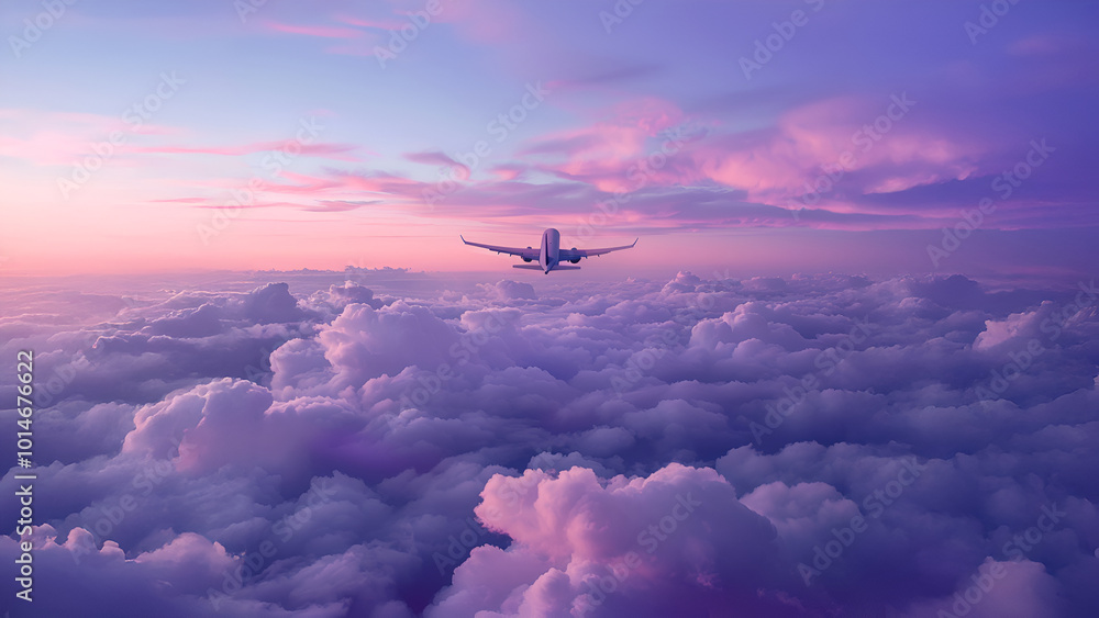 Aerial photo of the sky above clouds with a plane flying away. Dreamy pastel color palette with purple, blue and pink primary colors. Aerial photo of the sky above clouds with a plane flying away. Dreamy pastel color palette with purple, blue and pink primary colors.