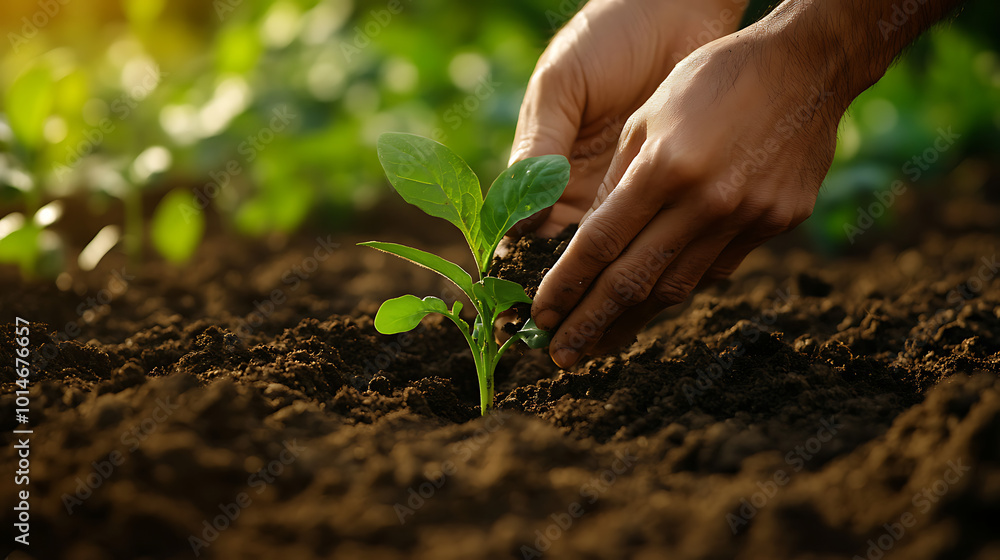 Hand planting a young seedling into rich soil, symbolizing new growth and nurturing. Hand planting a young seedling into rich soil, symbolizing new growth and nurturing.