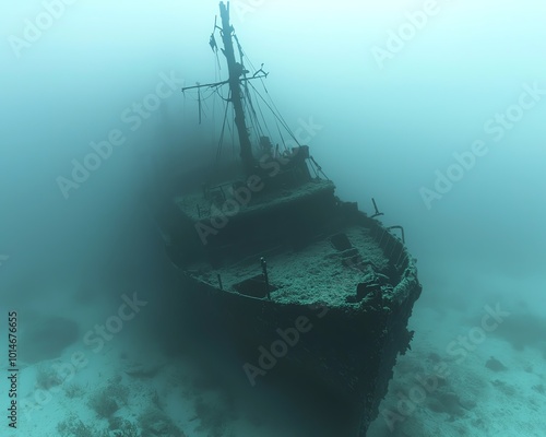 Ghostly shipwreck surrounded by a mysterious fog, deep sea setting