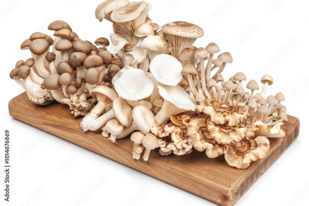 Straw mushrooms, oyster mushrooms and eryngii mushrooms are placed on a wooden cutting board. on a white background Showing the slit of the mushroom Straw mushrooms, oyster mushrooms and eryngii mushrooms are placed on a wooden cutting board. on a white background Showing the slit of the mushroom