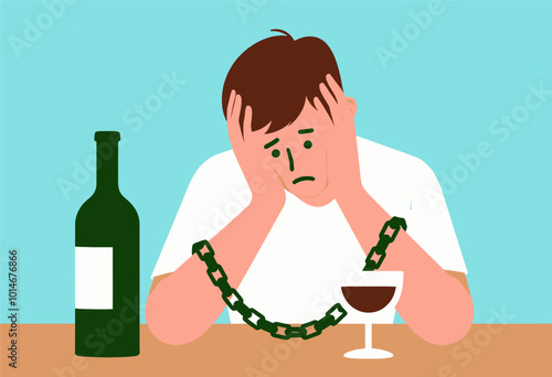 Man Chained To Wine Glass and Bottle  
